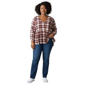 TORRID RED PLAID GEORGETTE TIE FRONT BLOUSE SZ.4X LONG SLEEVE EUC.